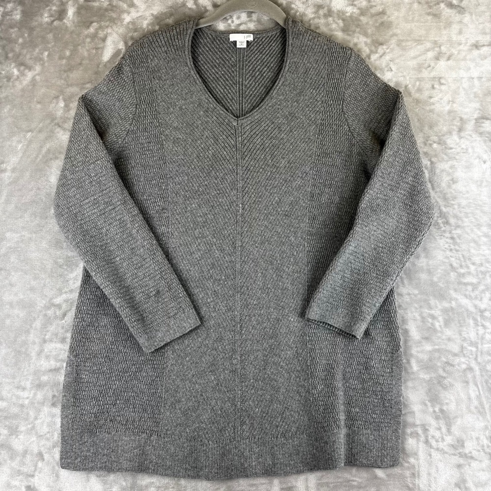 J. Jill Tunic Sweater Womens Medium Petite Gray V-Neck Chevron Knit (1464)
